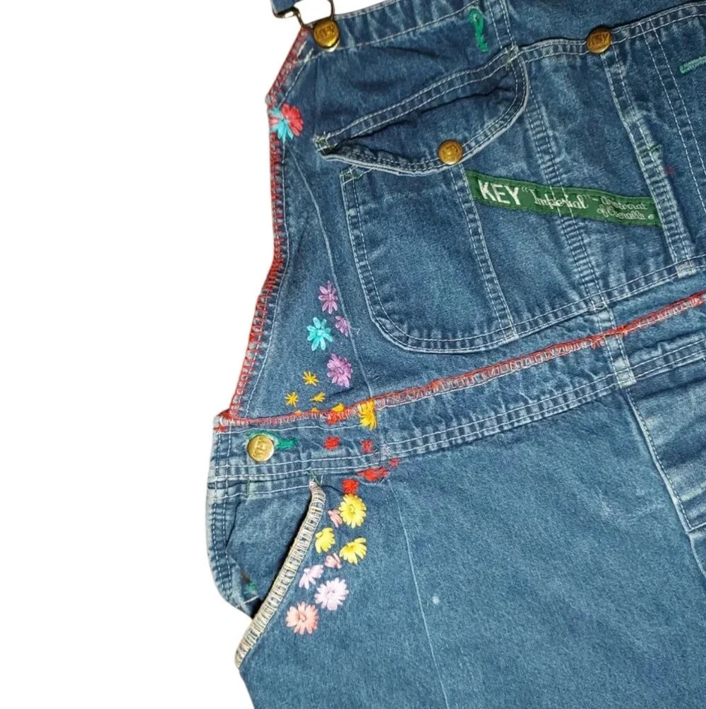 Boho Hippie Vintage Key Denim Floral Embroidered Crochet Over-Alls Maxi Dress - Picture 4 of 11